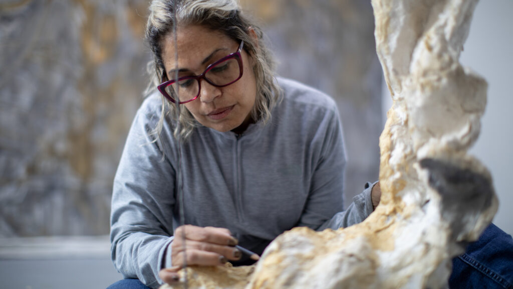 Yomarie Silva-O'Neal, an artist in residencen at Mass MoCA, sculpts in her studio. Press photo by Thomas J. Logan, courtesy of Assets 4 Artists