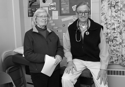 Dr. Richard Dundas, right, started the Bennington Free Clinic eight years ago after retiring from a 40-year medical career. Sue Andrews became the clinic’s executive director. The clinic is one of several in the region at which doctors volunteer their services, treating uninsured patients at no charge. George Bouret photo
