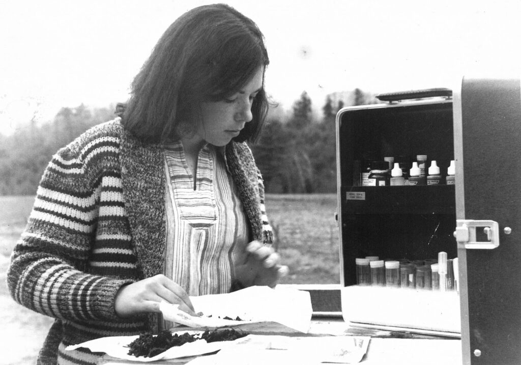 Mary Ann runs soil tests at the Center for Resourceful Living. Press photo courtesy of the Archives of Freel Library, Massachusetts College of Liberal Arts