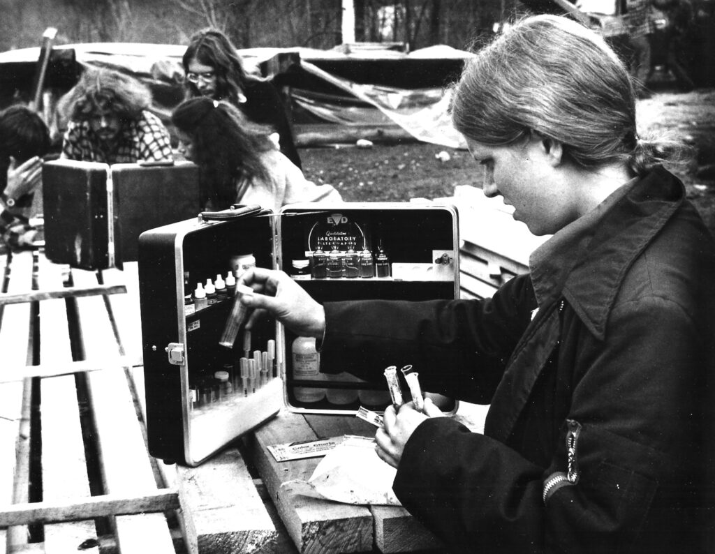 Sarah runs soil tests at the Center for Resourceful Living. Press photo courtesy of the Archives of Freel Library, Massachusetts College of Liberal Arts