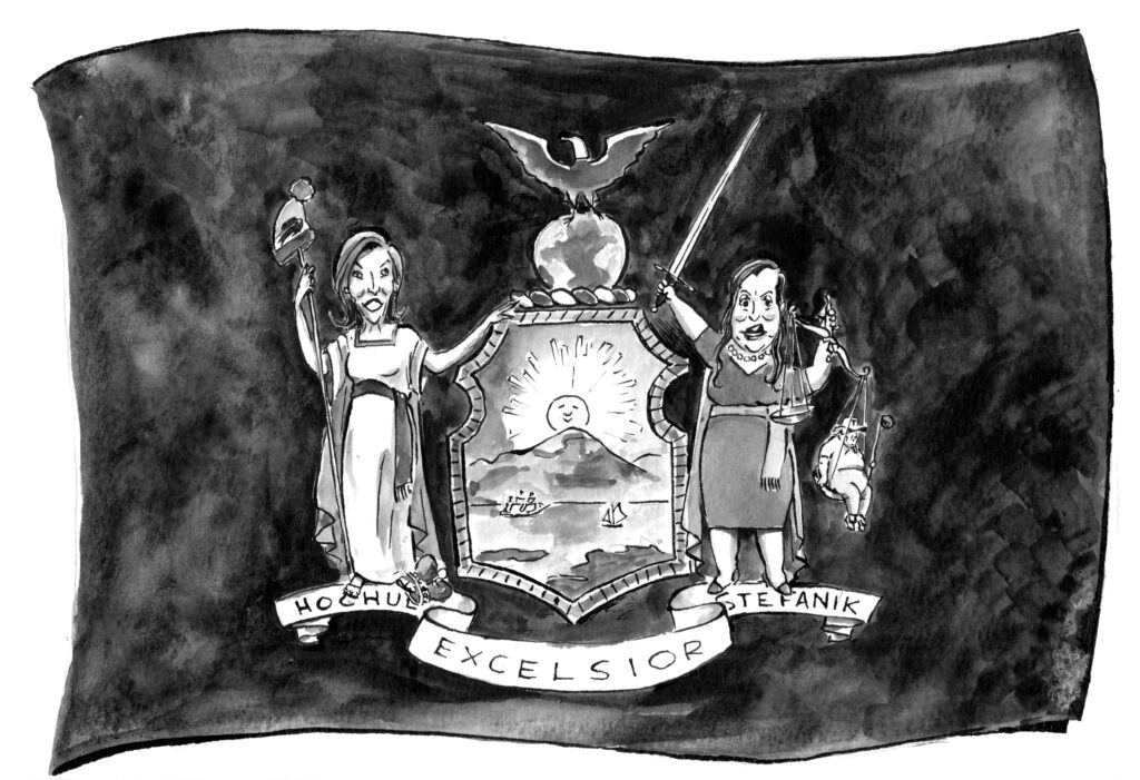 New York Governor Kathy Holchul and Elise Stefanik appear together on a drawing of a state flag in Mark Wilson illustration