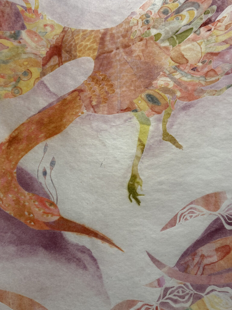 A magical bird flies in a swirl of firy color in Junli Song's Garden of Memory at MCLA's Gallery 51. Press photo by Kate Abbott